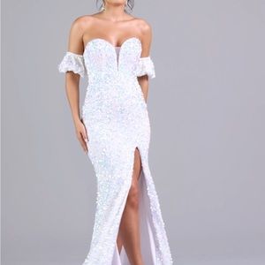 PromGirl Puff-Sleeve Strapless Long White Sequin Prom Dress (New w/tags)